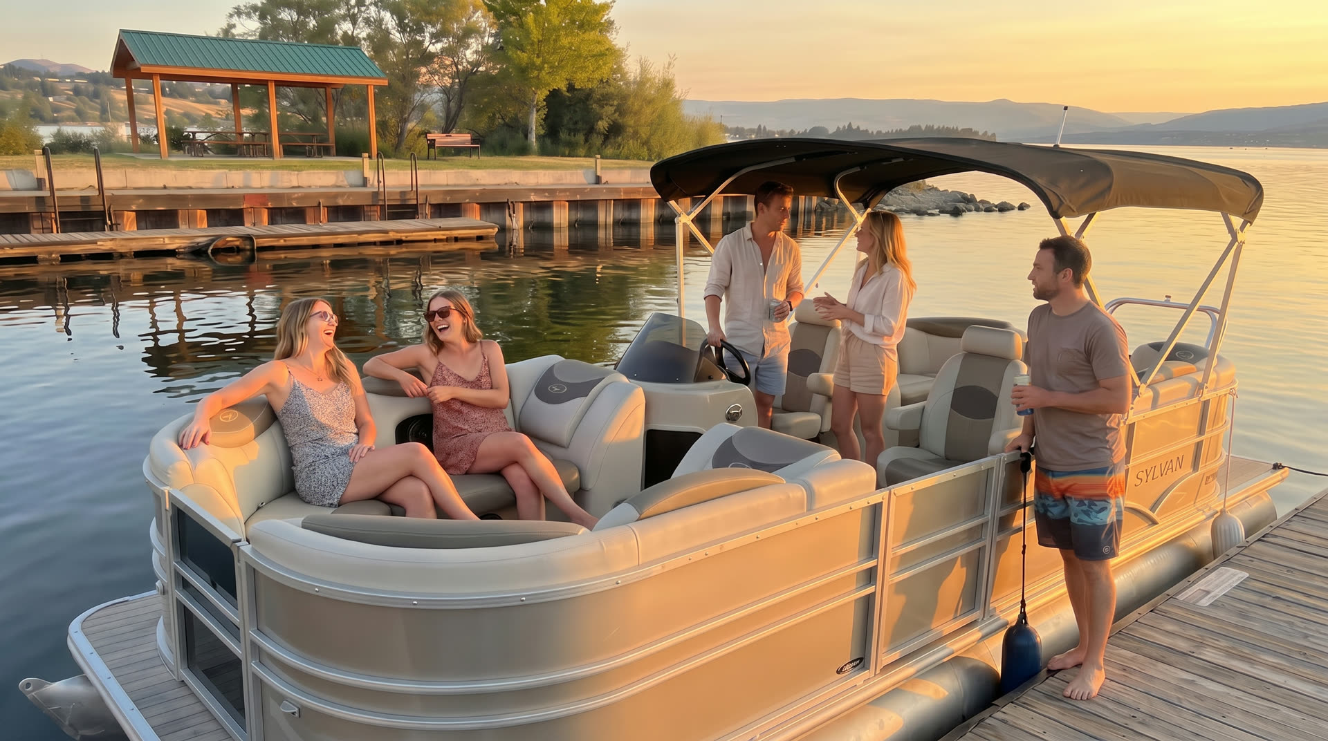 Five friends relaxing aboard the pontoon at the dock in golden-hour light
